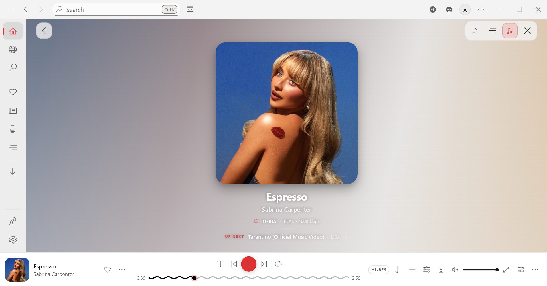 LastWave Desktop's spacious music player with full album art, FLAC quality information, and playback controls